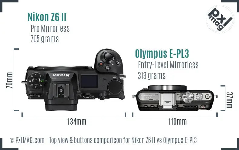 Nikon Z6 II vs Olympus E-PL3 top view buttons comparison