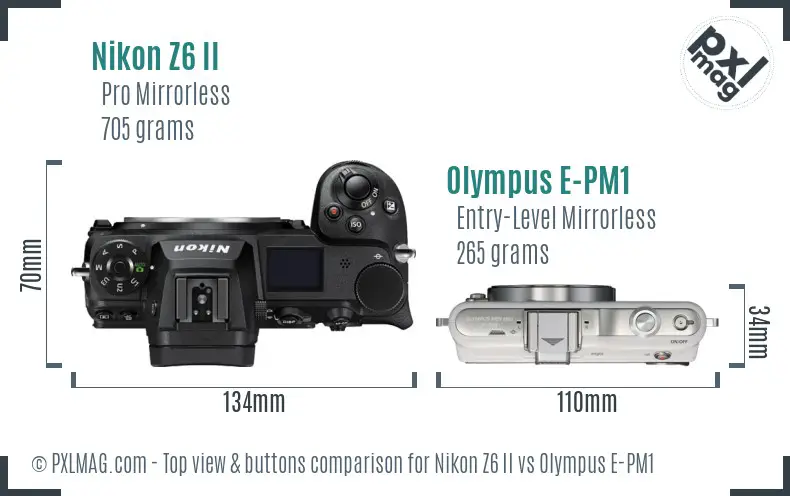 Nikon Z6 II vs Olympus E-PM1 top view buttons comparison