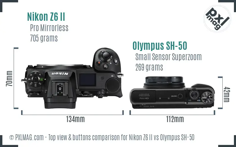 Nikon Z6 II vs Olympus SH-50 top view buttons comparison