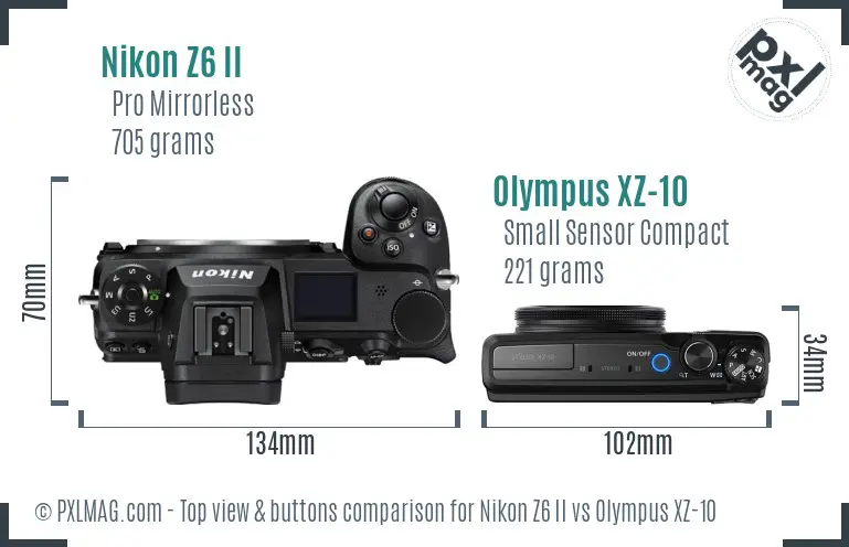 Nikon Z6 II vs Olympus XZ-10 top view buttons comparison