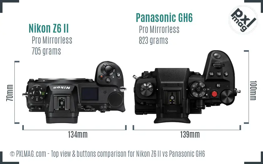 Nikon Z6 II vs Panasonic GH6 top view buttons comparison Nikon Z6 II vs Panasonic GH6 top view buttons comparison
