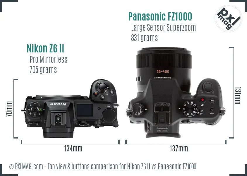 Nikon Z6 II vs Panasonic FZ1000 top view buttons comparison
