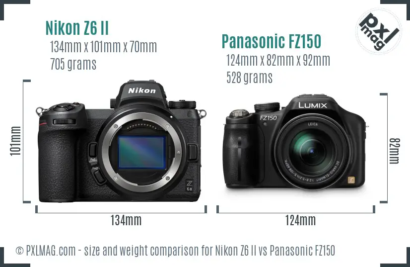 Nikon Z6 II vs Panasonic FZ150 size comparison