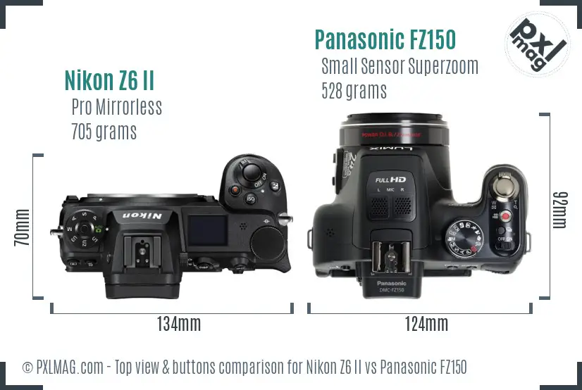 Nikon Z6 II vs Panasonic FZ150 top view buttons comparison