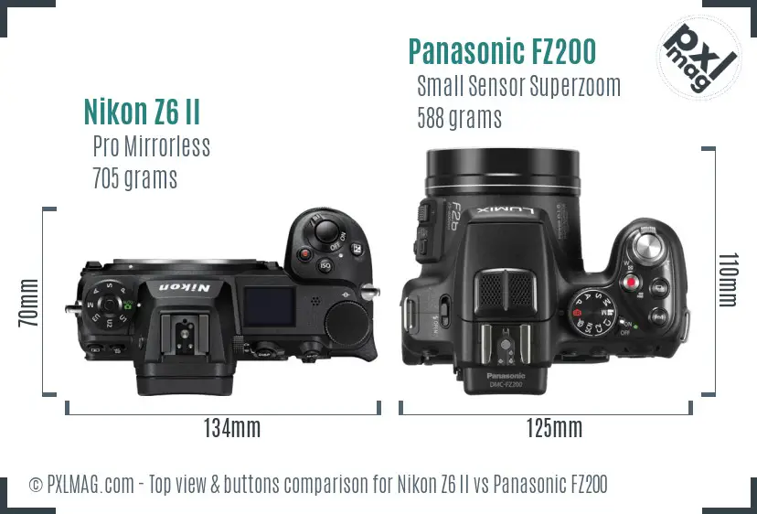 Nikon Z6 II vs Panasonic FZ200 top view buttons comparison
