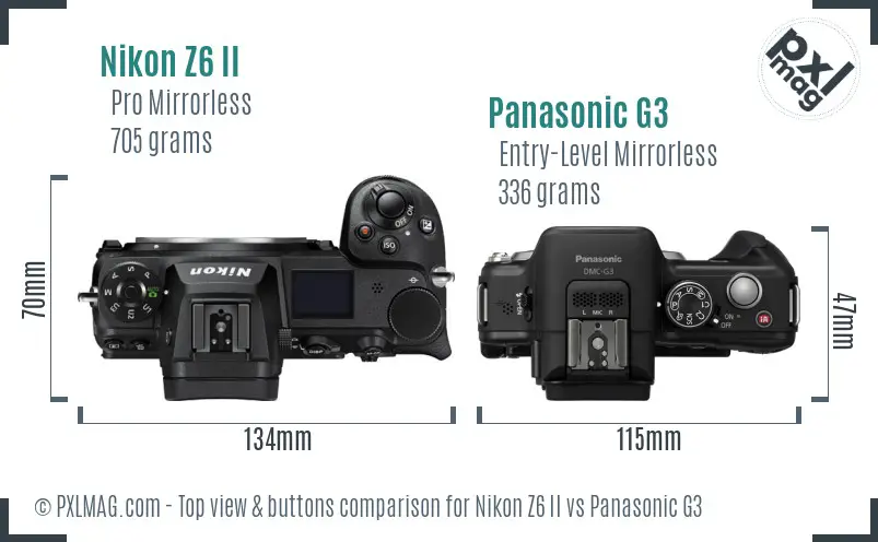 Nikon Z6 II vs Panasonic G3 top view buttons comparison