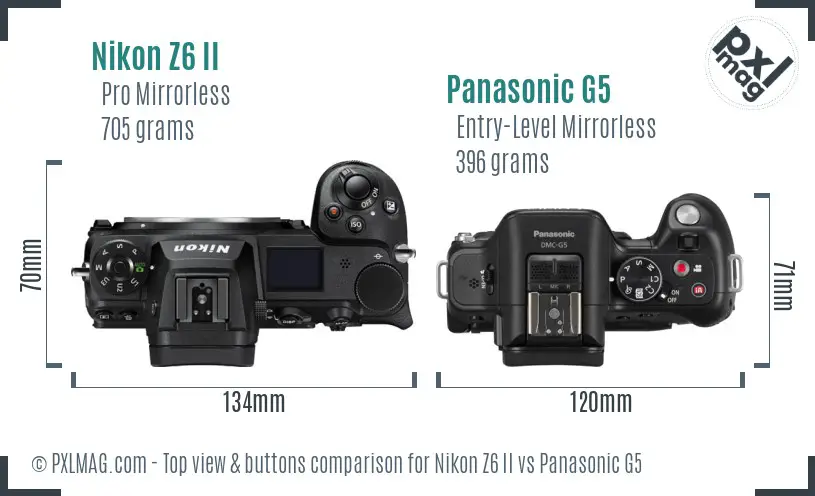 Nikon Z6 II vs Panasonic G5 top view buttons comparison