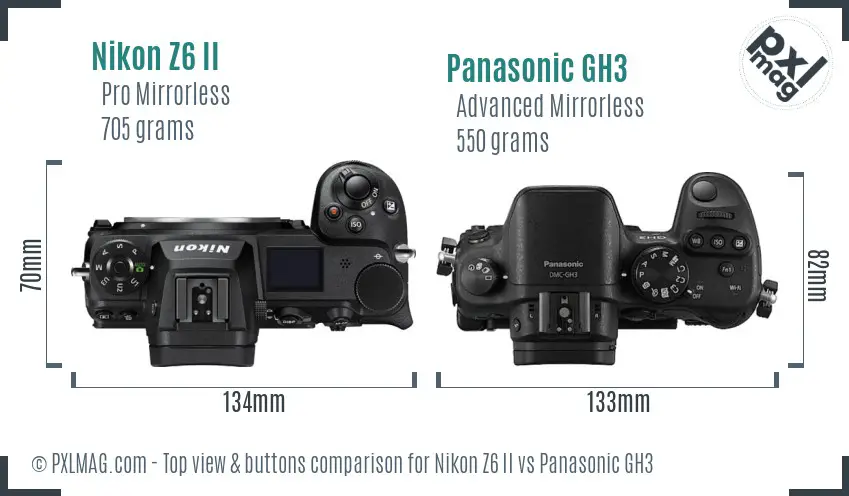 Nikon Z6 II vs Panasonic GH3 top view buttons comparison