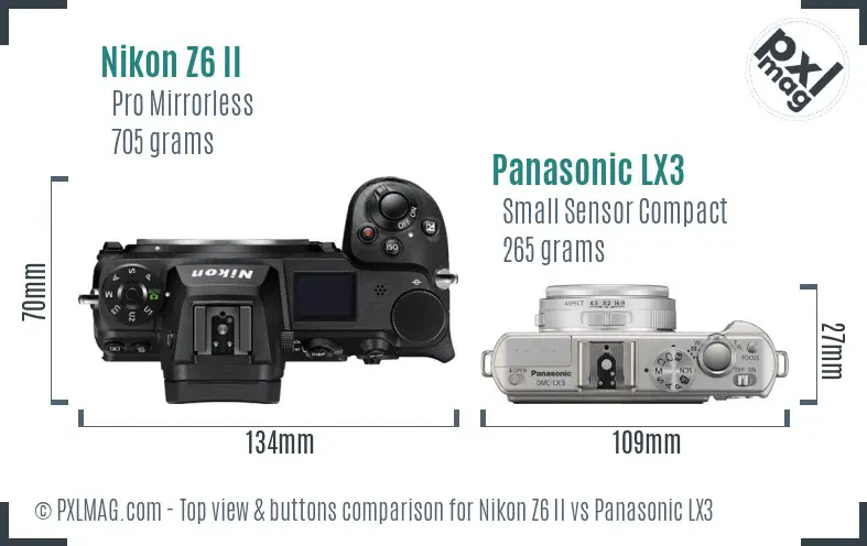 Nikon Z6 II vs Panasonic LX3 top view buttons comparison Nikon Z6 II vs Panasonic LX3 top view buttons comparison