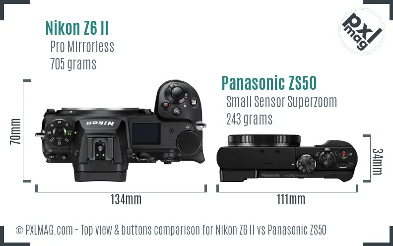 Nikon Z6 II vs Panasonic ZS50 top view buttons comparison