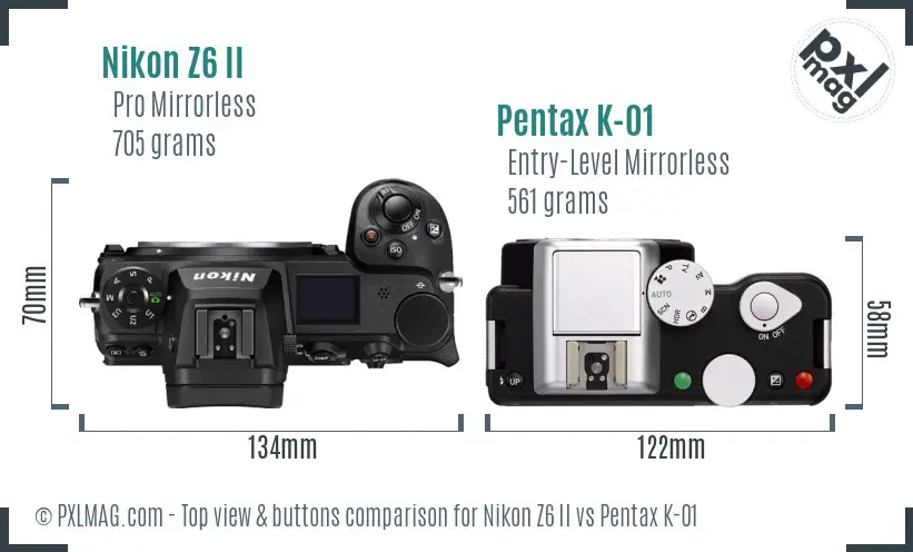 Nikon Z6 II vs Pentax K-01 top view buttons comparison