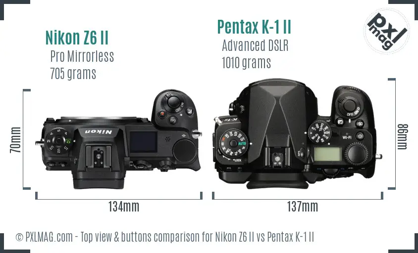 Nikon Z6 II vs Pentax K-1 II top view buttons comparison