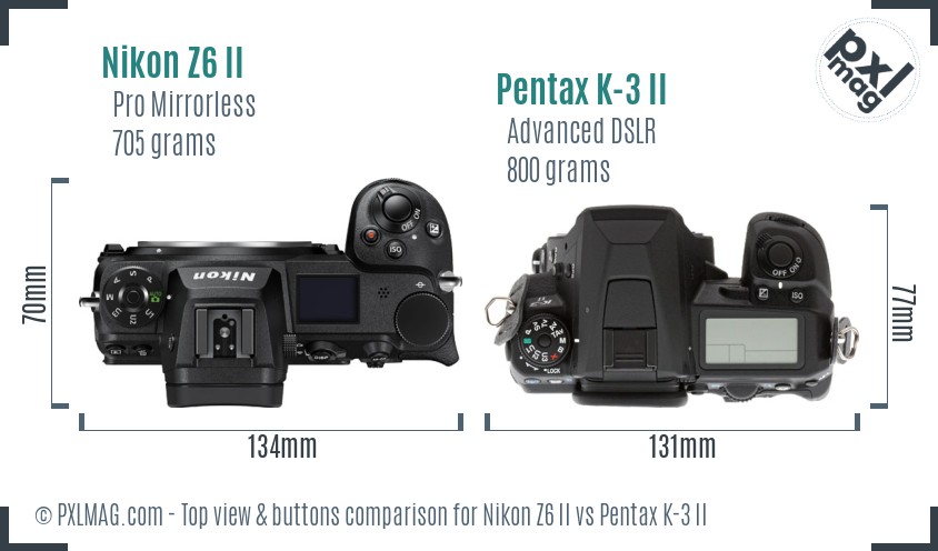Nikon Z6 II vs Pentax K-3 II top view buttons comparison