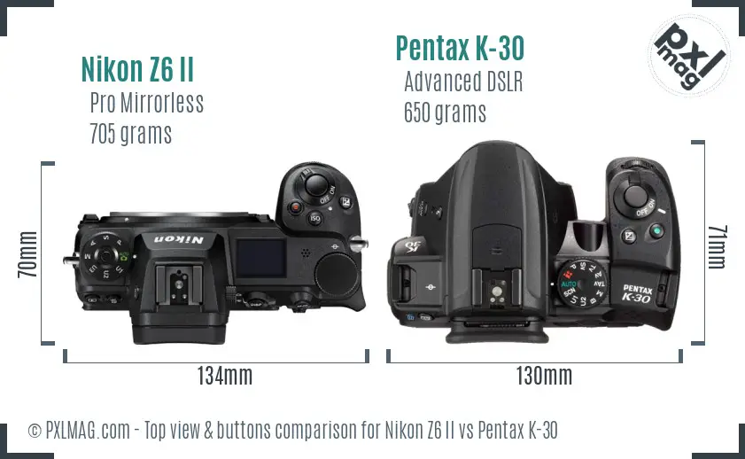 Nikon Z6 II vs Pentax K-30 top view buttons comparison