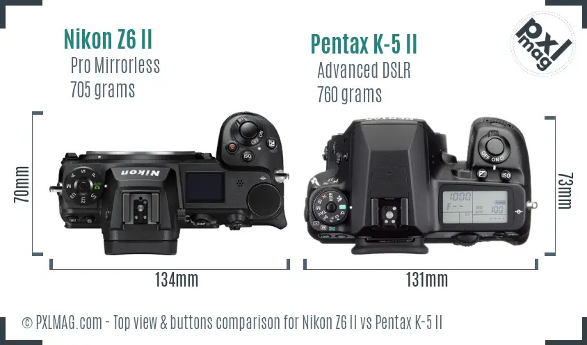 Nikon Z6 II vs Pentax K-5 II top view buttons comparison