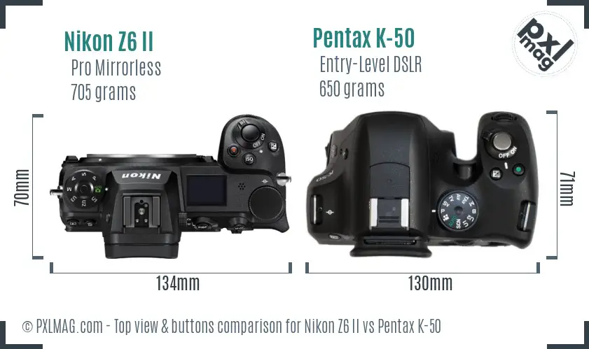 Nikon Z6 II vs Pentax K-50 top view buttons comparison