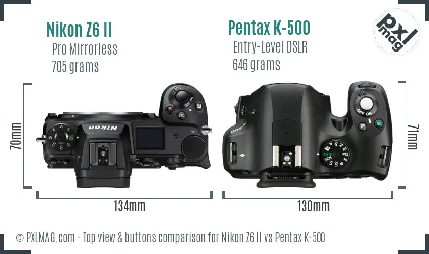 Nikon Z6 II vs Pentax K-500 top view buttons comparison