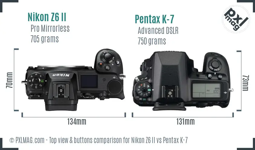 Nikon Z6 II vs Pentax K-7 top view buttons comparison