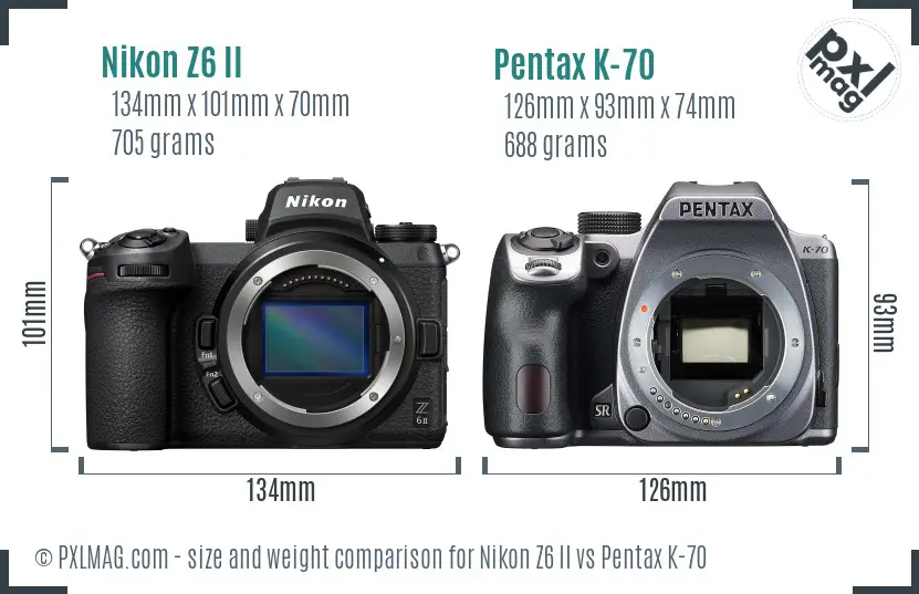Nikon Z6 II vs Pentax K-70 size comparison