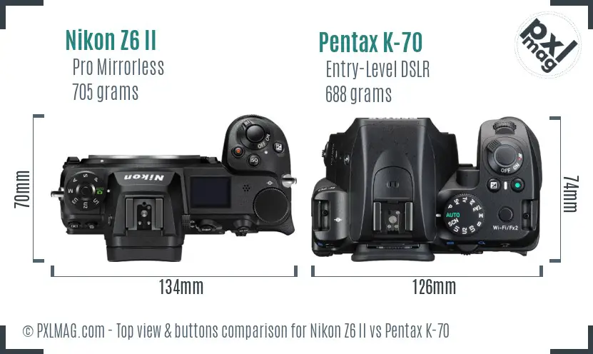 Nikon Z6 II vs Pentax K-70 top view buttons comparison