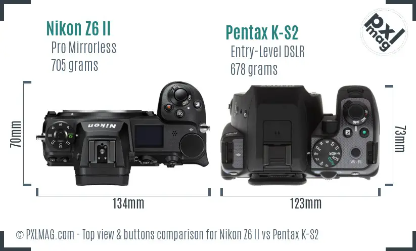 Nikon Z6 II vs Pentax K-S2 top view buttons comparison