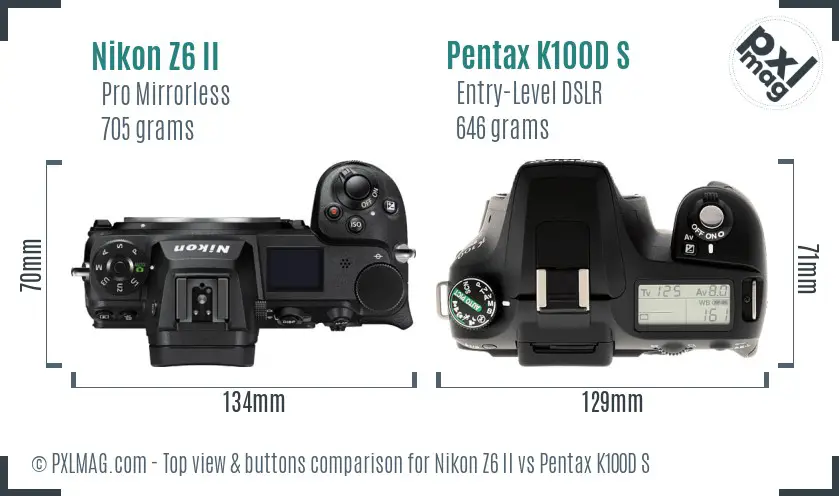 Nikon Z6 II vs Pentax K100D S top view buttons comparison