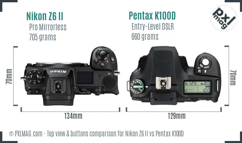 Nikon Z6 II vs Pentax K100D top view buttons comparison