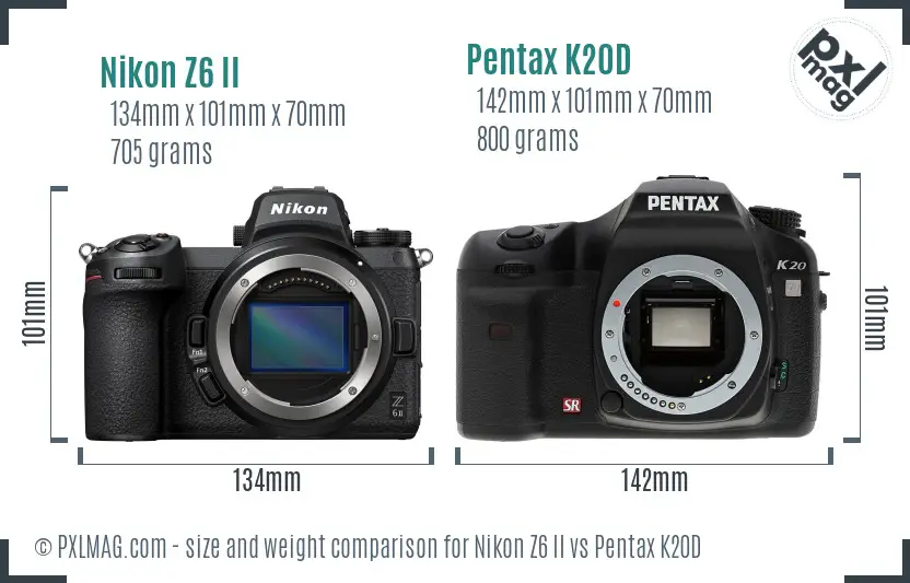 Nikon Z6 II vs Pentax K20D size comparison