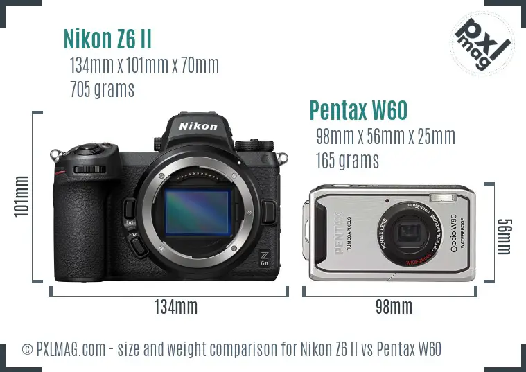 Nikon Z6 II vs Pentax W60 size comparison