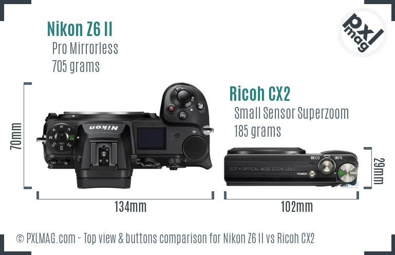 Nikon Z6 II vs Ricoh CX2 top view buttons comparison