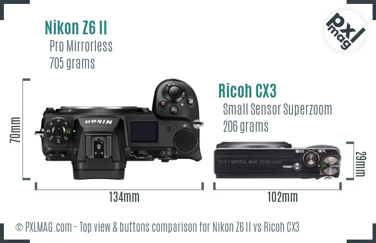 Nikon Z6 II vs Ricoh CX3 top view buttons comparison Nikon Z6 II vs Ricoh CX3 top view buttons comparison