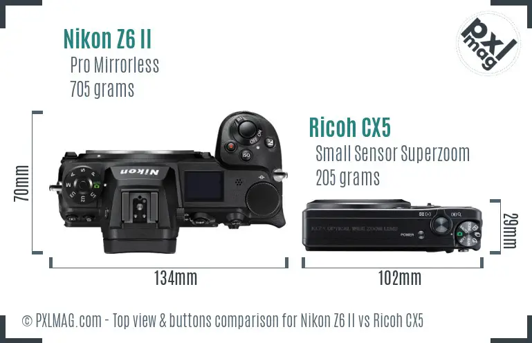 Nikon Z6 II vs Ricoh CX5 top view buttons comparison