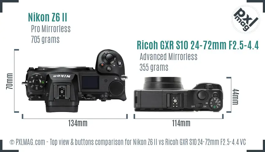 Nikon Z6 II vs Ricoh GXR S10 24-72mm F2.5-4.4 VC top view buttons comparison Nikon Z6 II vs Ricoh GXR S10 24-72mm F2.5-4.4 VC top view buttons comparison