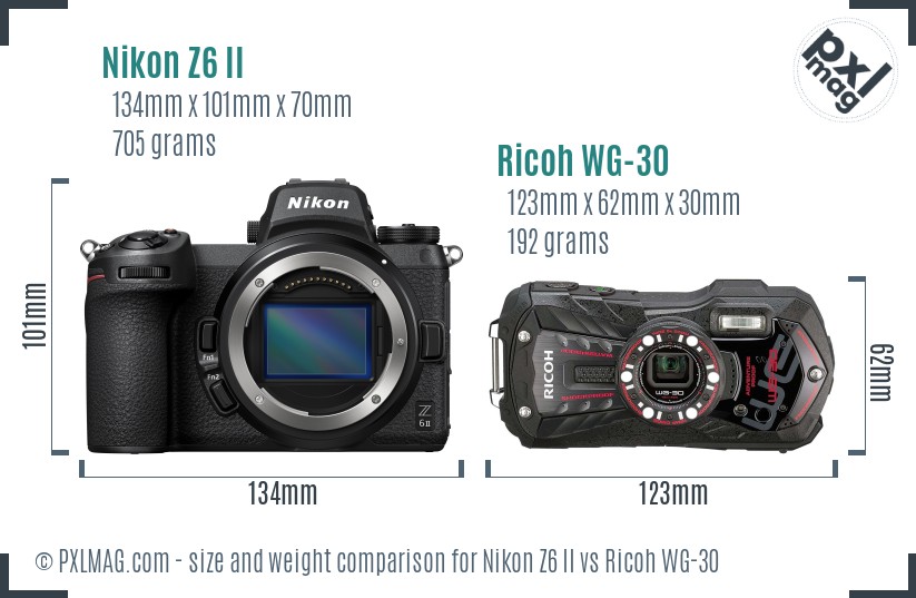 Nikon Z6 II vs Ricoh WG-30 size comparison