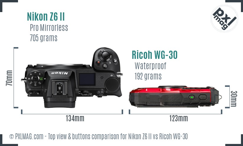 Nikon Z6 II vs Ricoh WG-30 top view buttons comparison