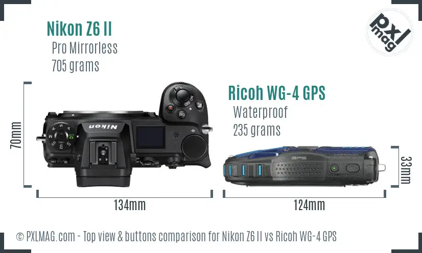 Nikon Z6 II vs Ricoh WG-4 GPS top view buttons comparison Nikon Z6 II vs Ricoh WG-4 GPS top view buttons comparison