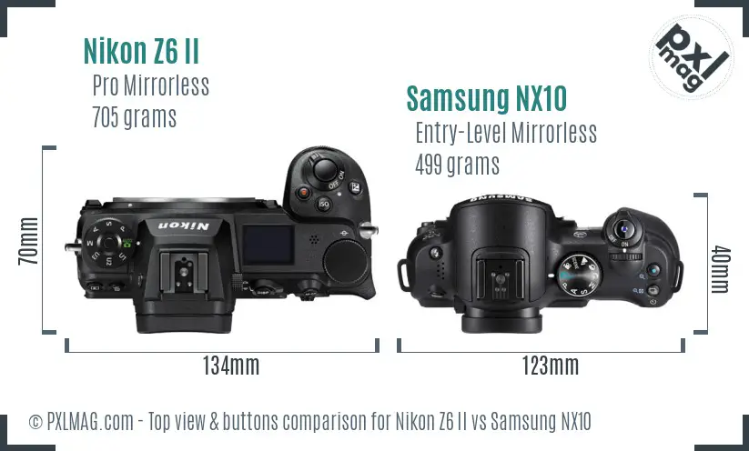 Nikon Z6 II vs Samsung NX10 top view buttons comparison