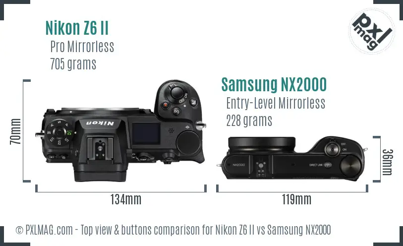 Nikon Z6 II vs Samsung NX2000 top view buttons comparison Nikon Z6 II vs Samsung NX2000 top view buttons comparison
