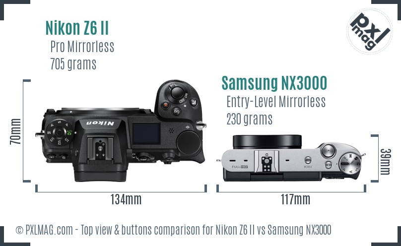 Nikon Z6 II vs Samsung NX3000 top view buttons comparison