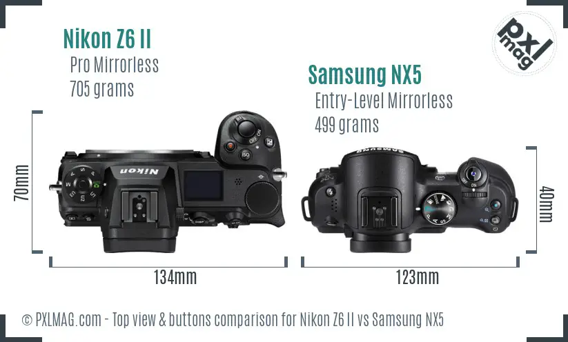Nikon Z6 II vs Samsung NX5 top view buttons comparison Nikon Z6 II vs Samsung NX5 top view buttons comparison