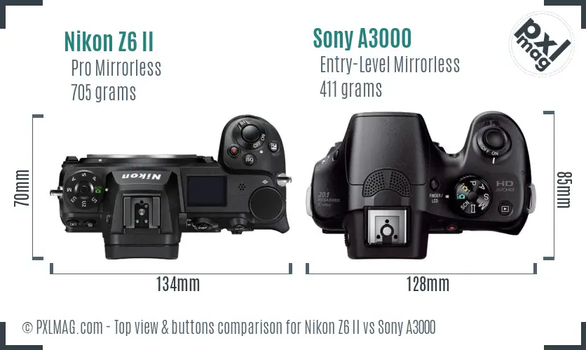 Nikon Z6 II vs Sony A3000 top view buttons comparison