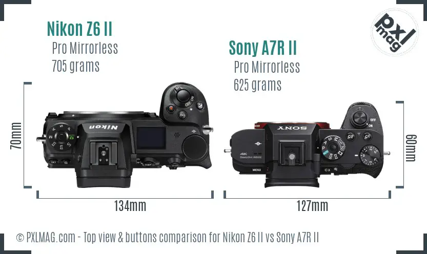 Nikon Z6 II vs Sony A7R II top view buttons comparison