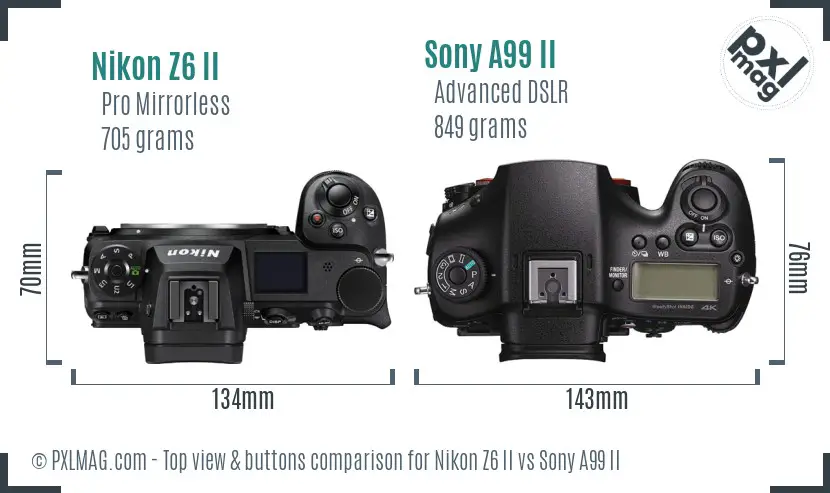 Nikon Z6 II vs Sony A99 II top view buttons comparison
