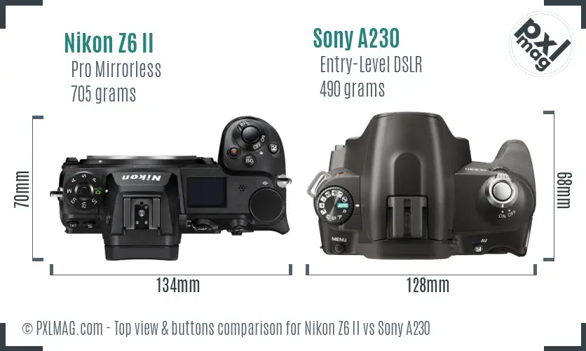 Nikon Z6 II vs Sony A230 top view buttons comparison