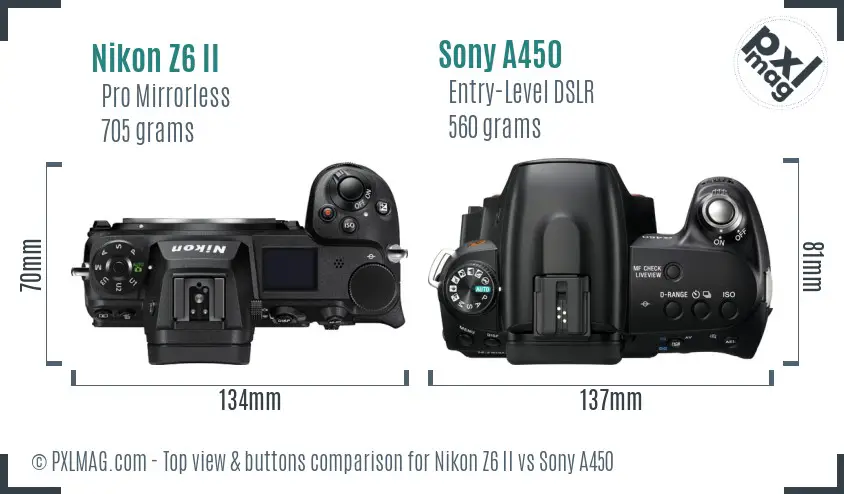 Nikon Z6 II vs Sony A450 top view buttons comparison