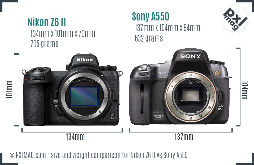 Nikon Z6 II vs Sony A550 size comparison