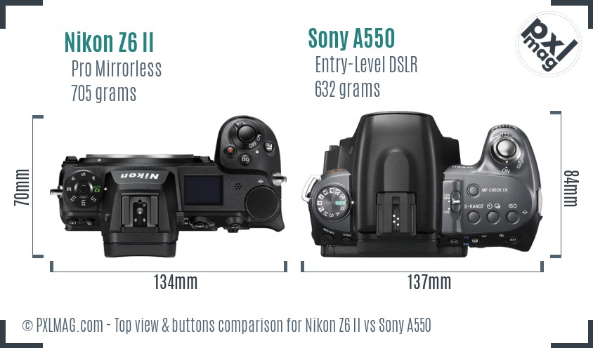 Nikon Z6 II vs Sony A550 top view buttons comparison