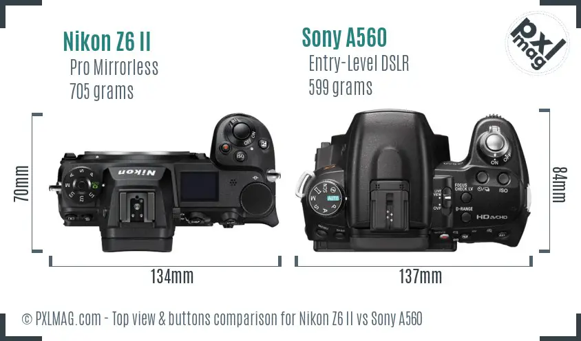 Nikon Z6 II vs Sony A560 top view buttons comparison