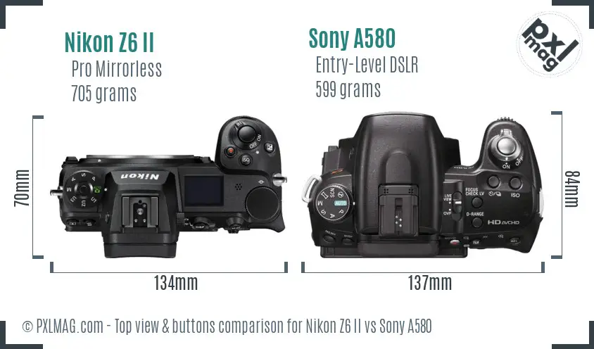 Nikon Z6 II vs Sony A580 top view buttons comparison