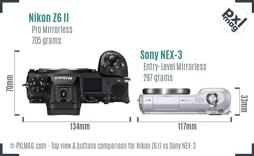 Nikon Z6 II vs Sony NEX-3 top view buttons comparison